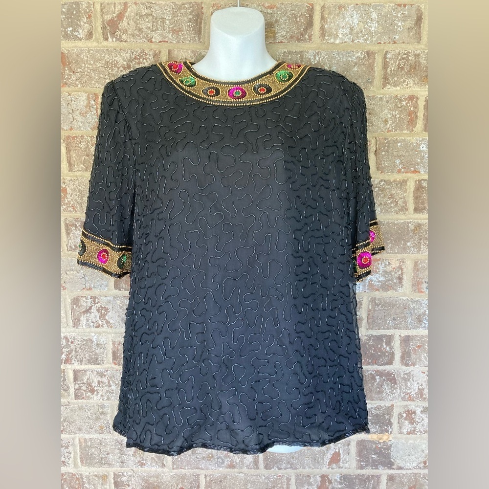 Vintage 80s beaded blouse Lawrence Kazar black Size Large - Picture 1 of 8